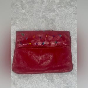 Vintage Red Leather Cutout Clutch with Colorful Detailing